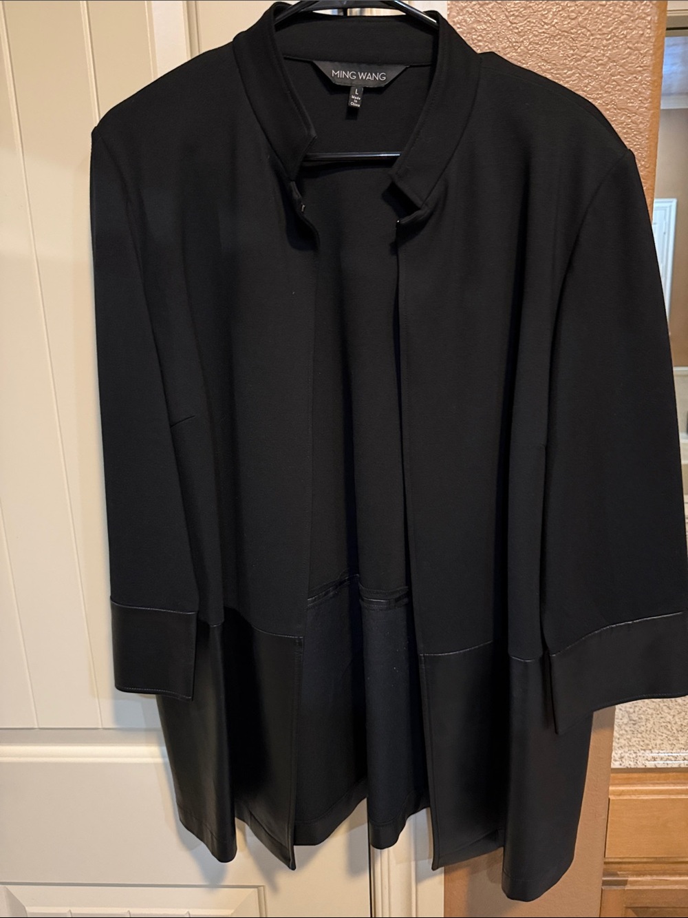 Ming Wang Black Open-Front Long Jacket with Faux-Leather Hem